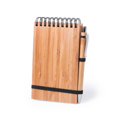 Caderno bambu c/argolas superiores e caneta