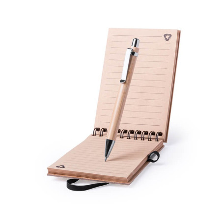 Caderno bambu c/argolas superiores e caneta